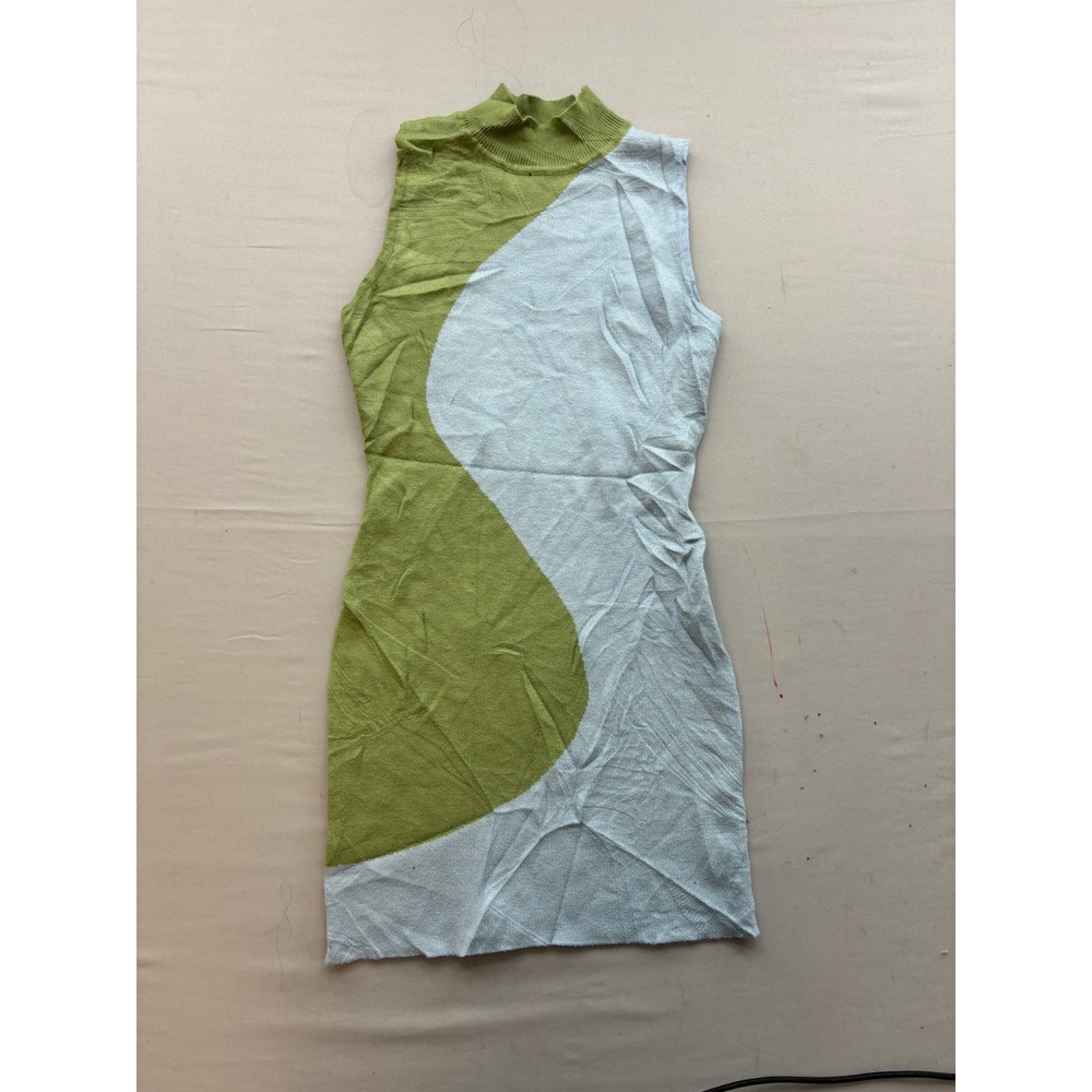 Wavy Colorblock Knit Mini Dress Sleeveless Mock Neck Green Blue Size M